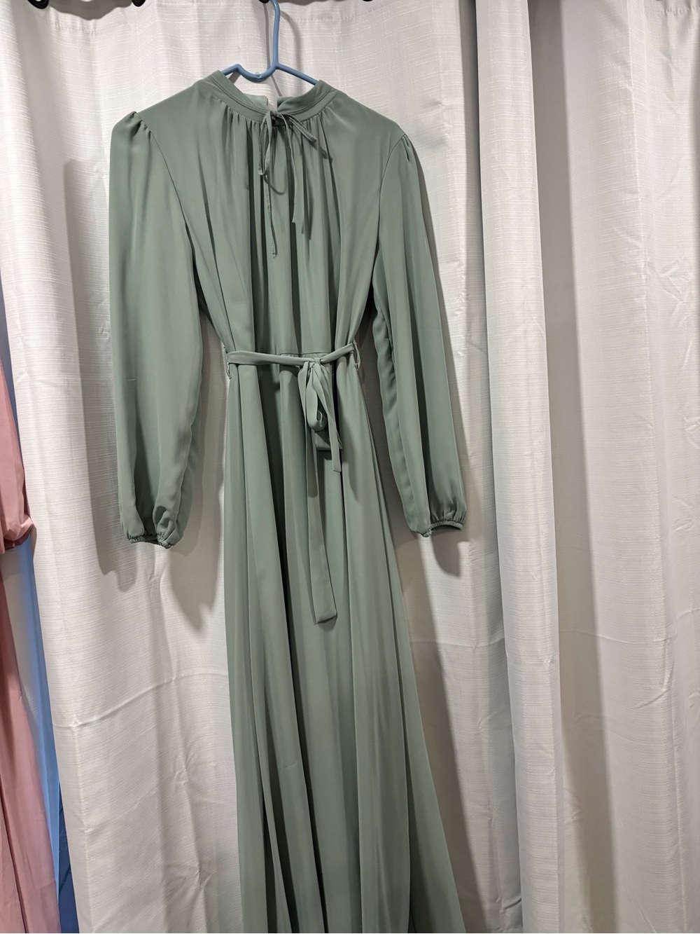 Long Sleeve Sage Green Maxi Dress with Tie Waist